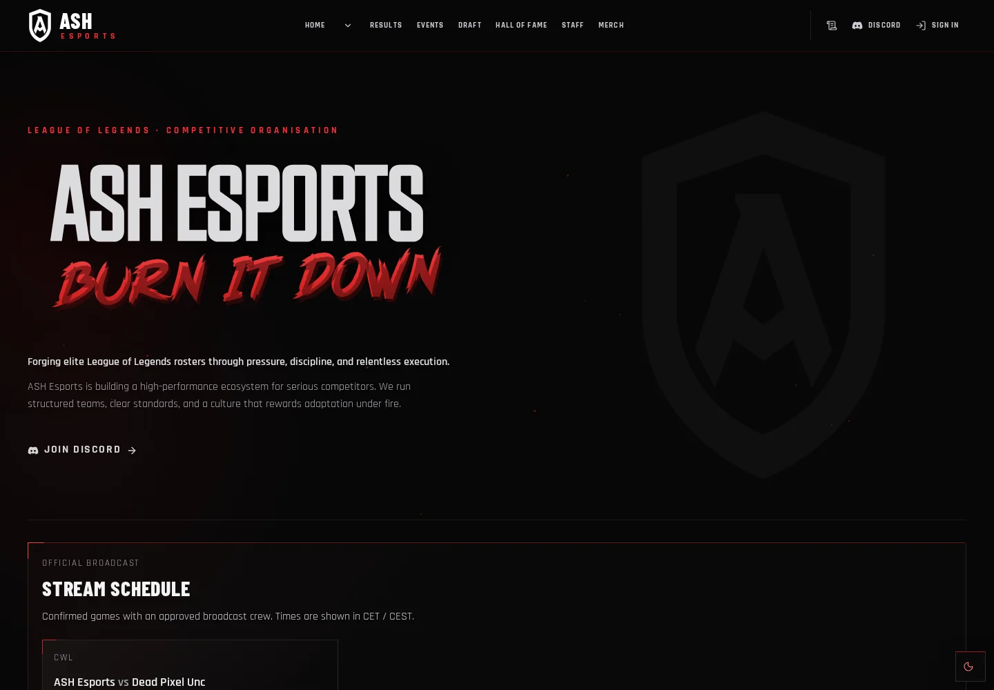 ASH Esports live homepage, with its red and black identity, team navigation, and competitive gaming introduction.